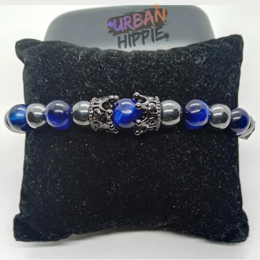 GEMSTONE Men's Double Crown Tiger's Eye & Hematite Beaded Bracelet Magnet Clasp